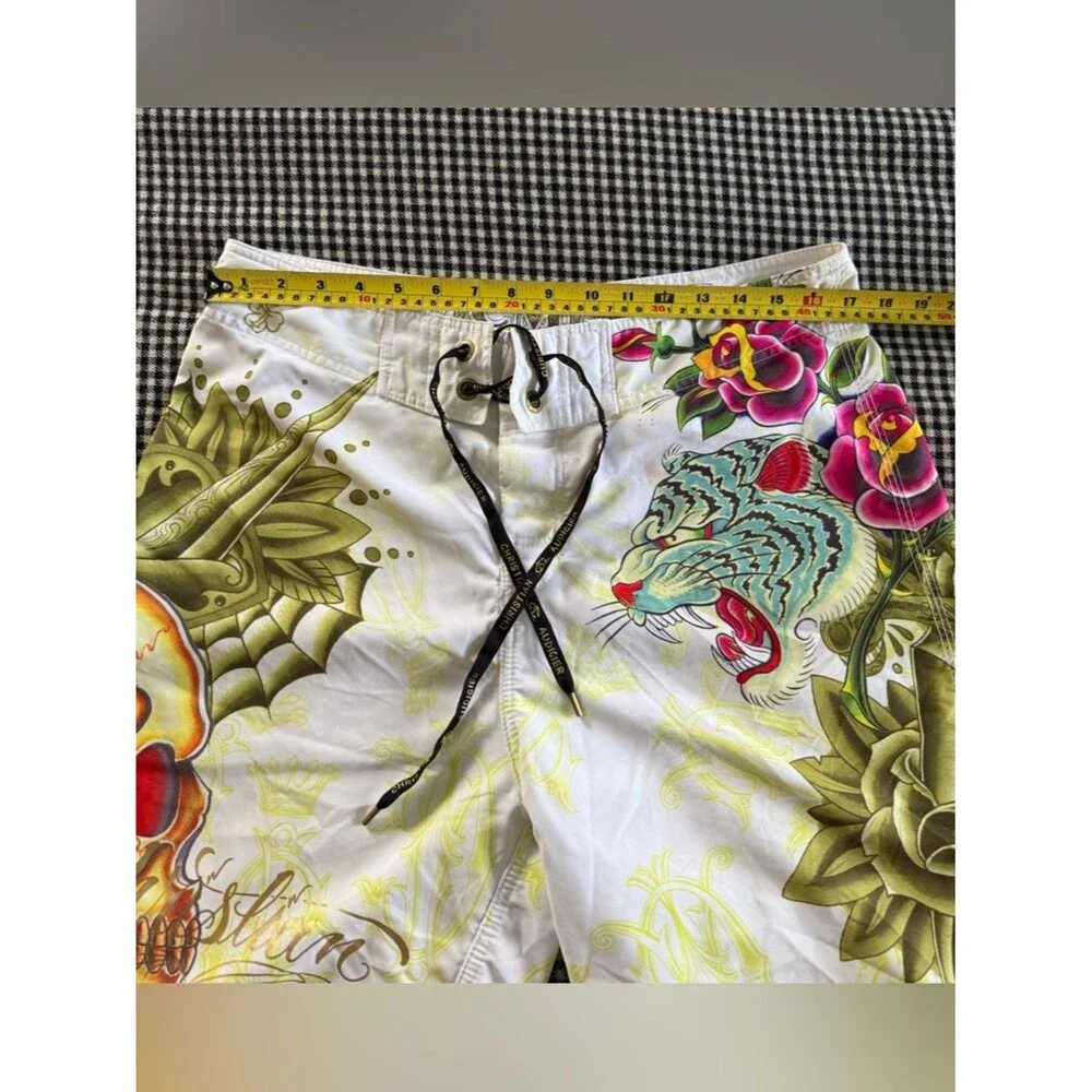 Christian Audigier Tattoo-Print Ed Hardy Board Shorts with Skull/Tiger Y2K! 💀